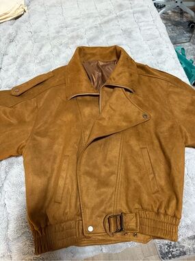 Unisex Tan Suede-Style Bomber Jacket with Belted Hem